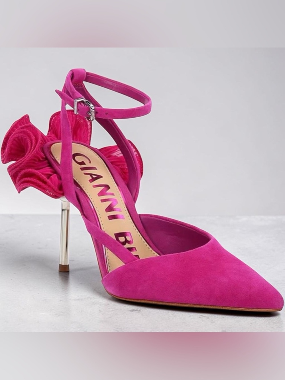 Gianni Bini Pink Suede Pointed Ankle-Strap Pump with Ruffle Pearl Heel $159 - Picture 2 of 7